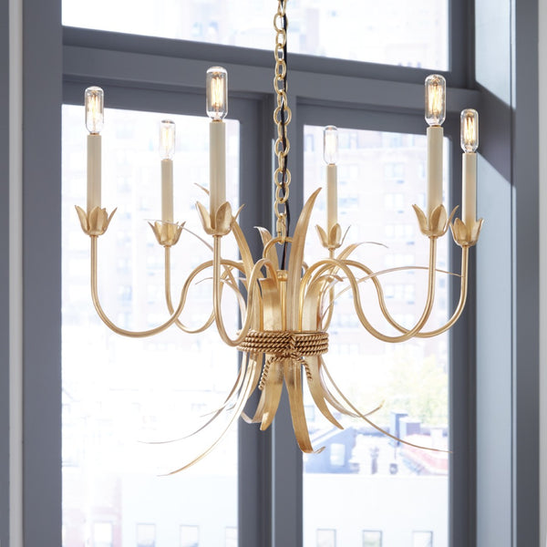 Wildwood Mignon Gold Leaf Chandelier With Rope-Wrapped Leaves — 6 Candle Vintage Romantic Lighting Fixture For Dining 67370