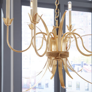 Wildwood Mignon Gold Leaf Chandelier With Rope-Wrapped Leaves — 6 Candle Vintage Romantic Lighting Fixture For Dining 67370