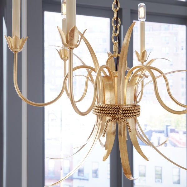 Wildwood Mignon Gold Leaf Chandelier With Rope-Wrapped Leaves — 6 Candle Vintage Romantic Lighting Fixture For Dining 67370