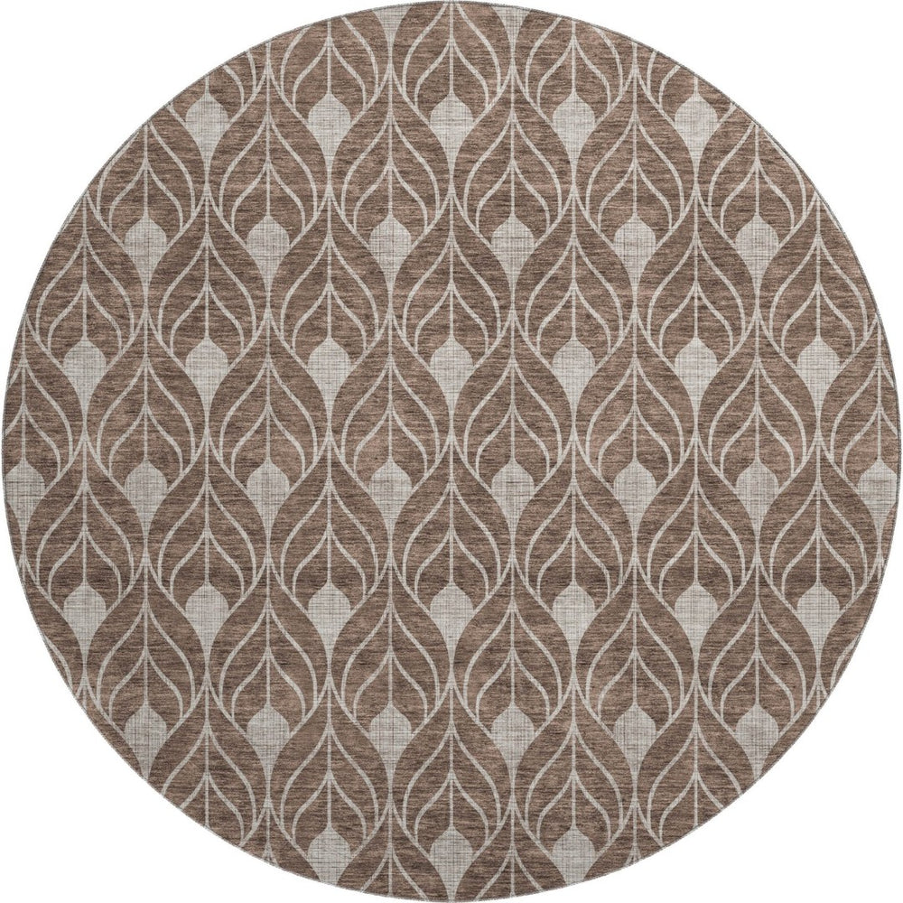 HomeRoots 8' Stylish Chocolate & Beige Geometric Washable Round Rug with UV Protection for High-Traffic Areas 673702