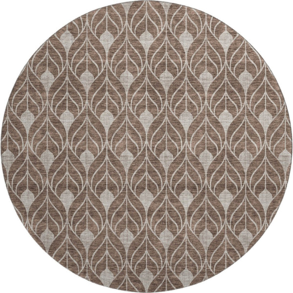 HomeRoots 8' Stylish Chocolate & Beige Geometric Washable Round Rug with UV Protection for High-Traffic Areas 673702