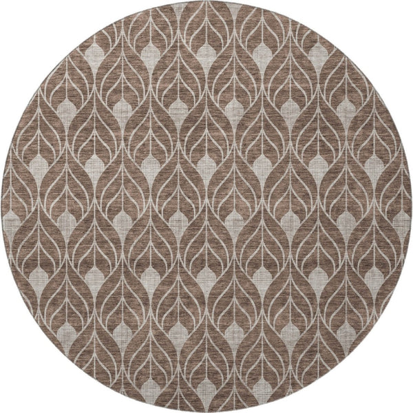 HomeRoots 8' Stylish Chocolate & Beige Geometric Washable Round Rug with UV Protection for High-Traffic Areas 673702