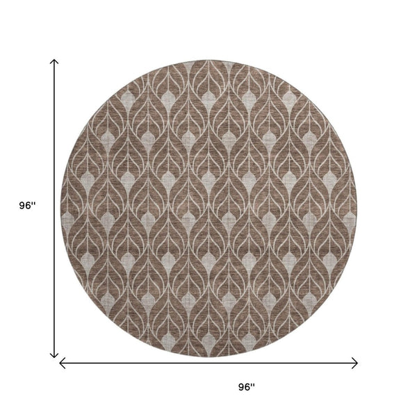 HomeRoots 8' Stylish Chocolate & Beige Geometric Washable Round Rug with UV Protection for High-Traffic Areas 673702