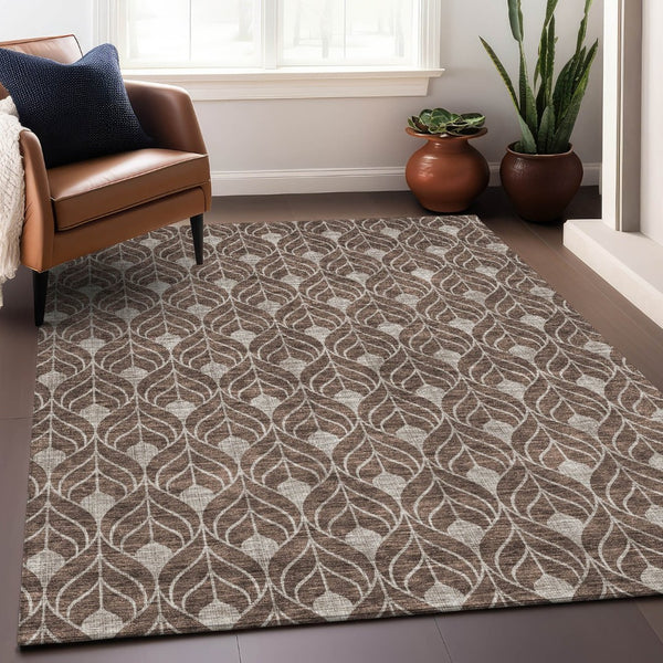 HomeRoots 8' X 10' Chocolate and Beige Geometric Area Rug - Washable, UV-Protected, Durable for Family Homes 673703