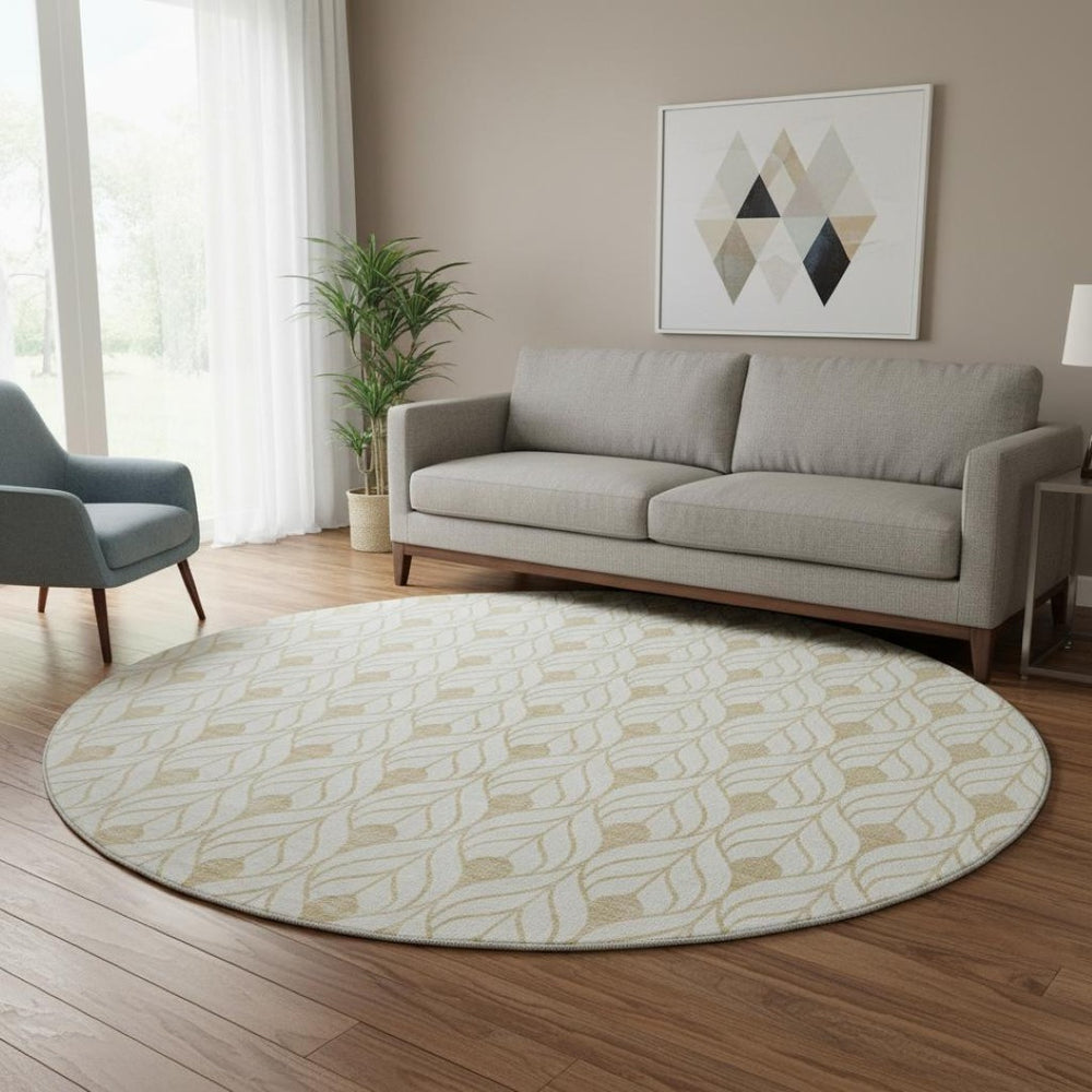 HomeRoots 8' Gold and Ivory Geometric Washable Round Rug - Stylish, Durable, and UV-Protected for Any Space 673708