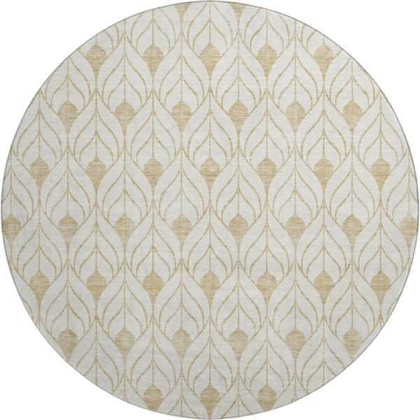HomeRoots 8' Gold and Ivory Geometric Washable Round Rug - Stylish, Durable, and UV-Protected for Any Space 673708