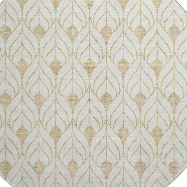 HomeRoots 8' Gold and Ivory Geometric Washable Round Rug - Stylish, Durable, and UV-Protected for Any Space 673708