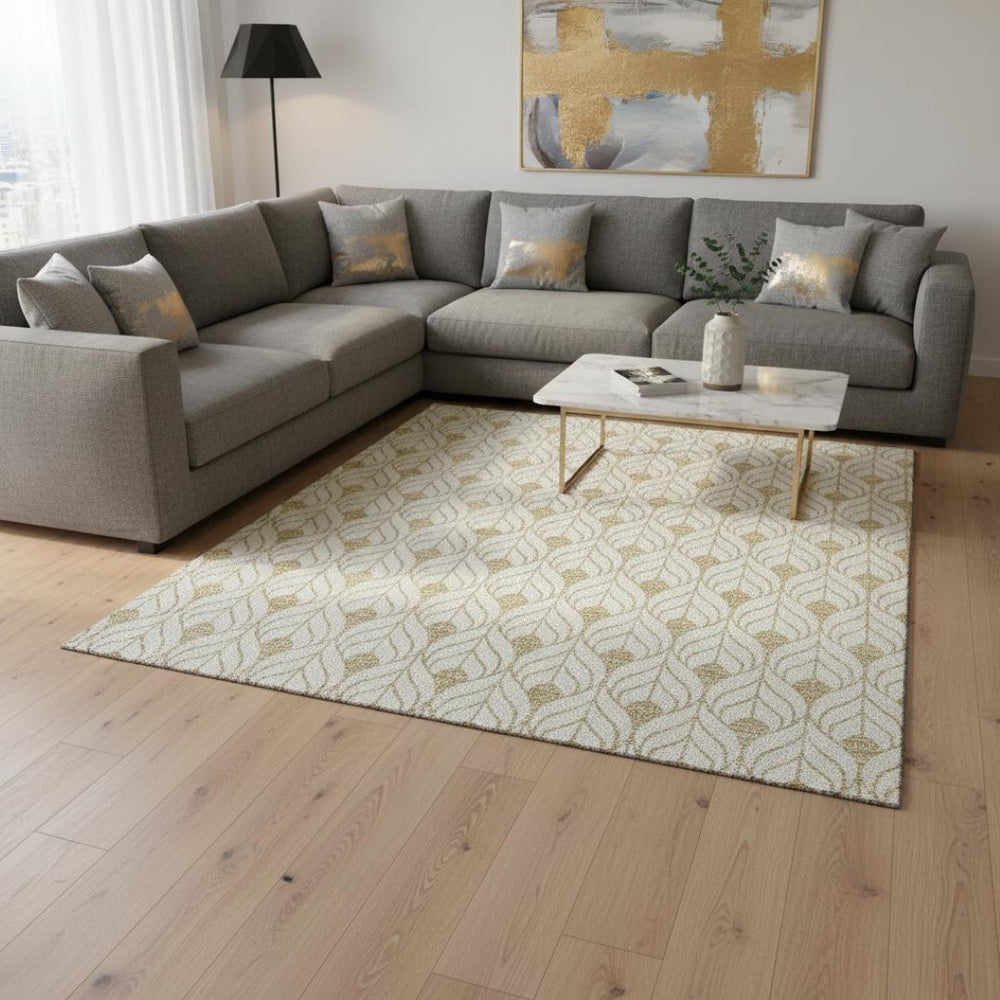 HomeRoots 10' X 14' Gold And Ivory Geometric Area Rug – Washable, UV Protected, Perfect for Modern Spaces! 673711