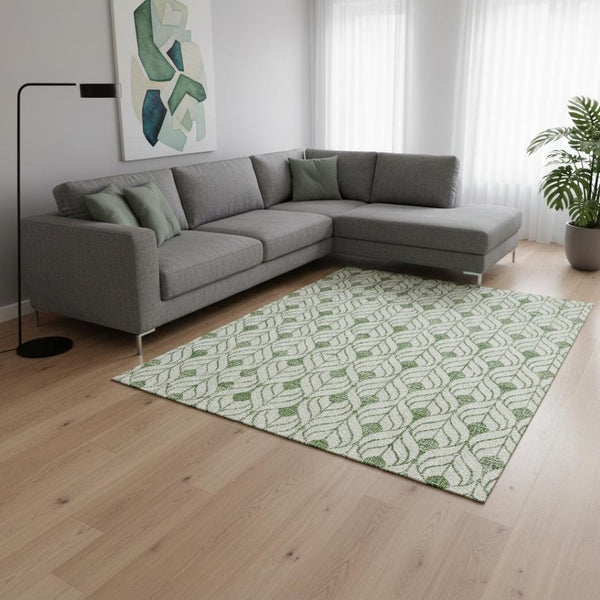 HomeRoots 9' X 12' Green And Ivory Geometric Area Rug – Washable, UV-Protected & Perfect for Family Spaces! 673722
