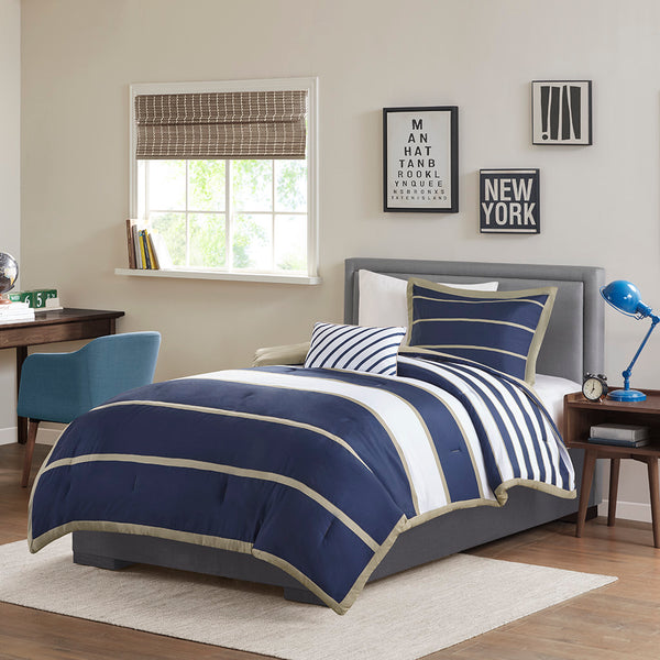 JLA Home Mi Zone - Comforter with Timeless Navy, Khaki & White Stripes, Antimicrobial Finish, Machine Washable, Tailored Look 90 L x 66 W x 1.5H MZ10-084