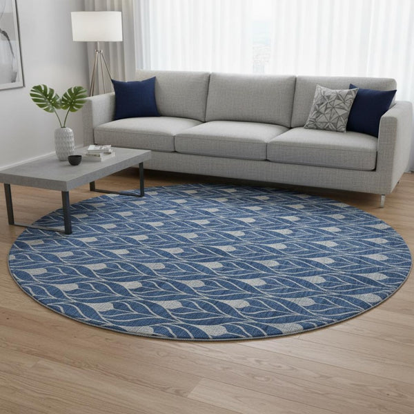 HomeRoots 8' Navy Blue and Gray Geometric Round Rug - Washable, UV-Protected, Stain-Resistant for High Traffic Areas 673732