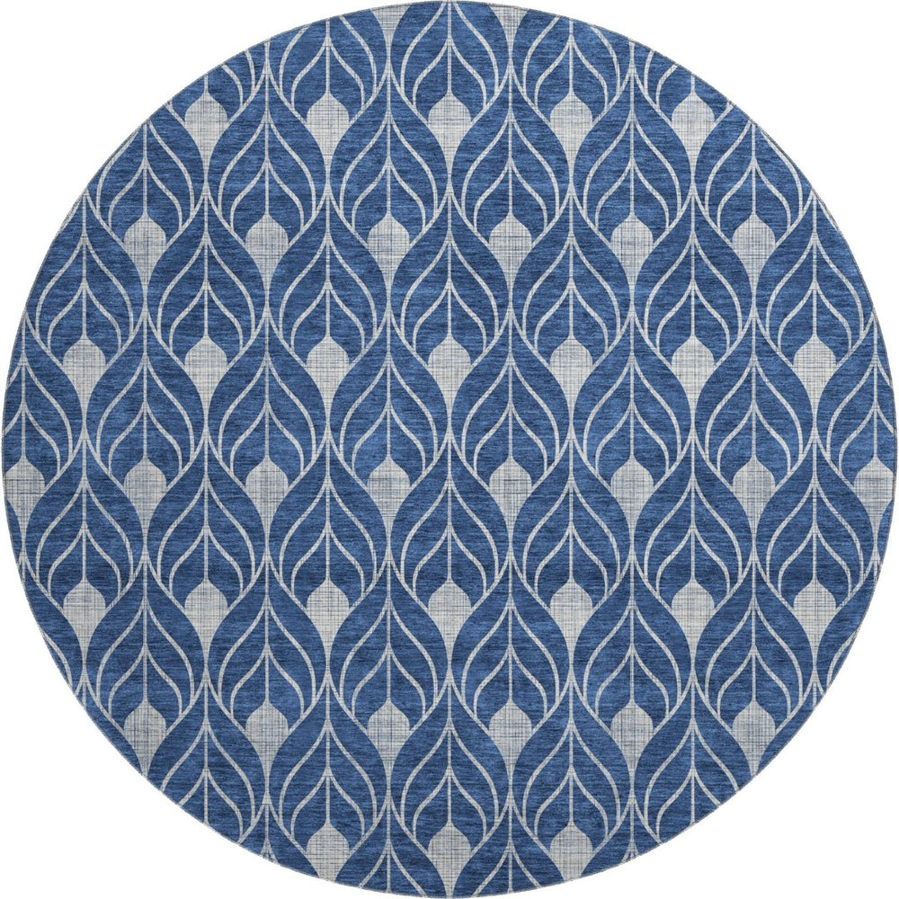 HomeRoots 8' Navy Blue and Gray Geometric Round Rug - Washable, UV-Protected, Stain-Resistant for High Traffic Areas 673732