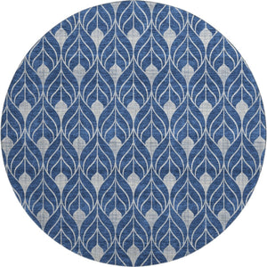 HomeRoots 8' Navy Blue and Gray Geometric Round Rug - Washable, UV-Protected, Stain-Resistant for High Traffic Areas 673732
