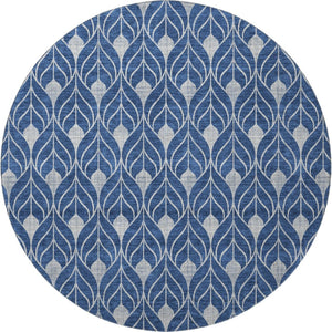 HomeRoots 8' Navy Blue and Gray Geometric Round Rug - Washable, UV-Protected, Stain-Resistant for High Traffic Areas 673732
