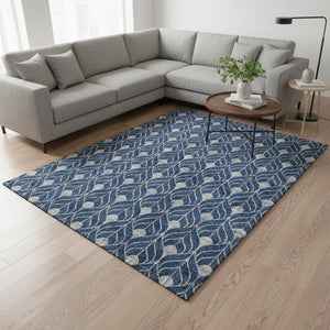 HomeRoots 8' X 10' Navy Blue & Gray Geometric Area Rug - Washable, UV Protected, Stain-Resistant for Busy Homes 673733