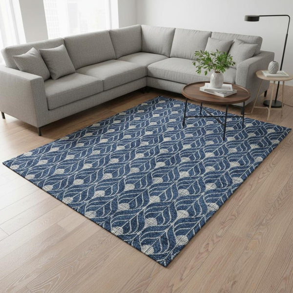 HomeRoots 8' X 10' Navy Blue & Gray Geometric Area Rug - Washable, UV Protected, Stain-Resistant for Busy Homes 673733