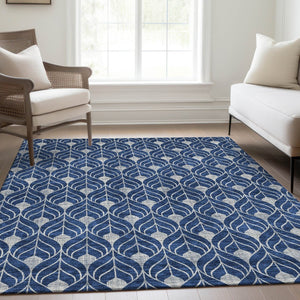 HomeRoots 8' X 10' Navy Blue & Gray Geometric Area Rug - Washable, UV Protected, Stain-Resistant for Busy Homes 673733