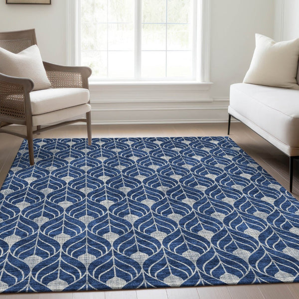 HomeRoots 8' X 10' Navy Blue & Gray Geometric Area Rug - Washable, UV Protected, Stain-Resistant for Busy Homes 673733