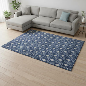HomeRoots 9' X 12' Navy Blue and Gray Geometric Area Rug - Washable, UV Protected, Durable for Families & Pets 673734