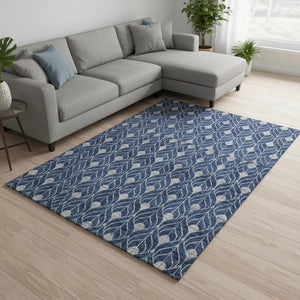 HomeRoots 10' Navy Blue & Gray Geometric Washable Area Rug - Durable, UV-Protected for Indoor & Outdoor Use 673735