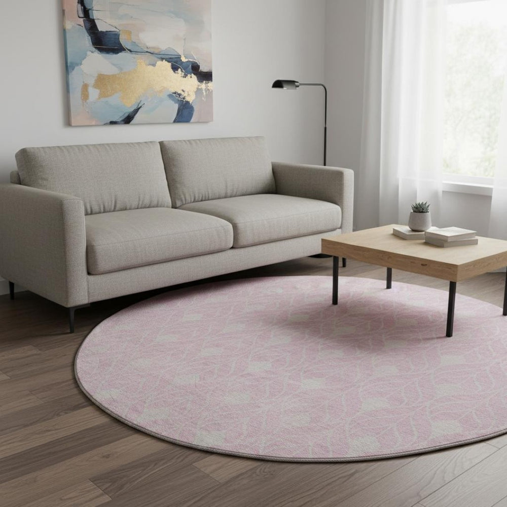 HomeRoots 8' Pink and Ivory Geometric Round Rug - Stylish, Washable, UV-Protected, Perfect for Homes with Kids & Pets 673738