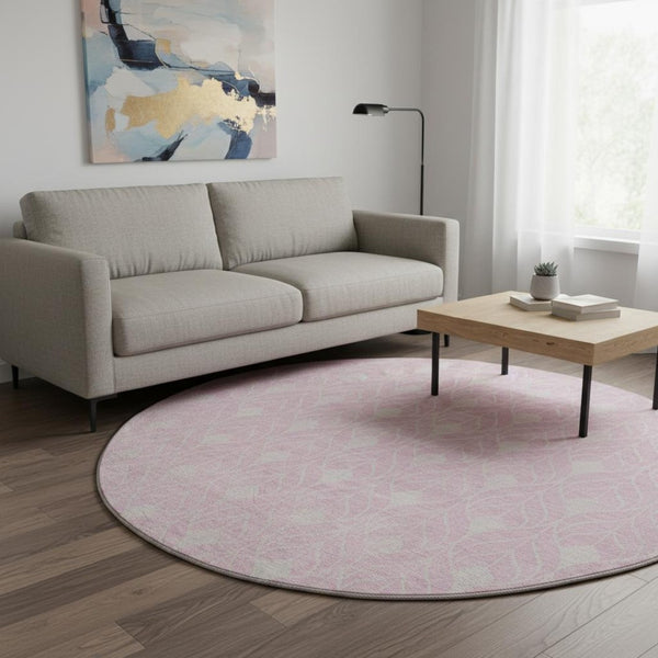 HomeRoots 8' Pink and Ivory Geometric Round Rug - Stylish, Washable, UV-Protected, Perfect for Homes with Kids & Pets 673738