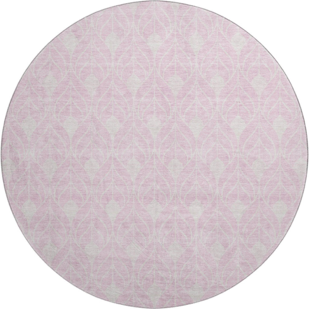HomeRoots 8' Pink and Ivory Geometric Round Rug - Stylish, Washable, UV-Protected, Perfect for Homes with Kids & Pets 673738
