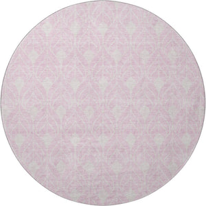 HomeRoots 8' Pink and Ivory Geometric Round Rug - Stylish, Washable, UV-Protected, Perfect for Homes with Kids & Pets 673738
