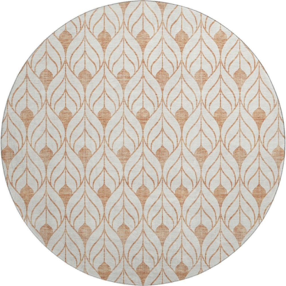 HomeRoots 8' Salmon and Ivory Geometric Round Rug - Washable, UV-Protected, Stain-Resistant for Active Homes 673744