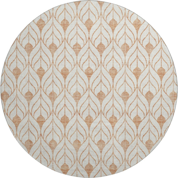 HomeRoots 8' Salmon and Ivory Geometric Round Rug - Washable, UV-Protected, Stain-Resistant for Active Homes 673744
