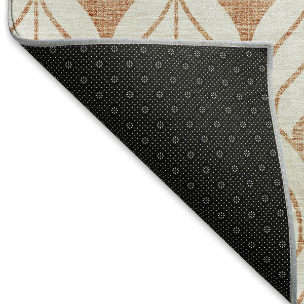 HomeRoots 8' Salmon and Ivory Geometric Round Rug - Washable, UV-Protected, Stain-Resistant for Active Homes 673744