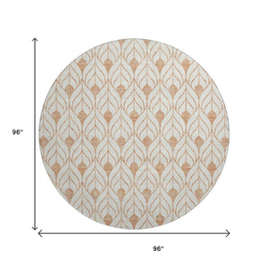 HomeRoots 8' Salmon and Ivory Geometric Round Rug - Washable, UV-Protected, Stain-Resistant for Active Homes 673744