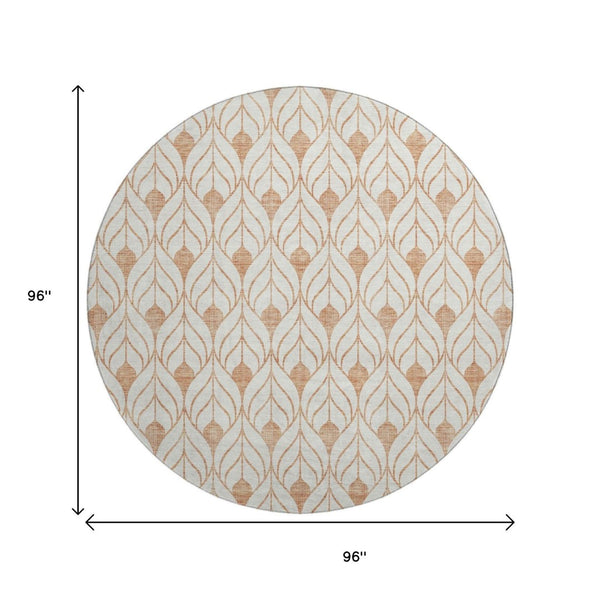 HomeRoots 8' Salmon and Ivory Geometric Round Rug - Washable, UV-Protected, Stain-Resistant for Active Homes 673744