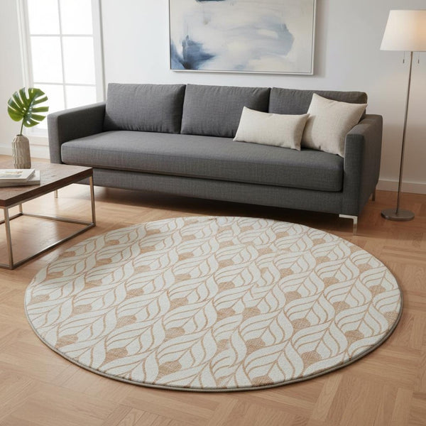 HomeRoots 8' Salmon and Ivory Geometric Round Rug - Washable, UV-Protected, Stain-Resistant for Active Homes 673744