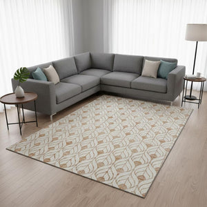 HomeRoots 10' X 14' Salmon and Ivory Geometric Area Rug - Washable, UV Protected, Ideal for High-Traffic Spaces 673747