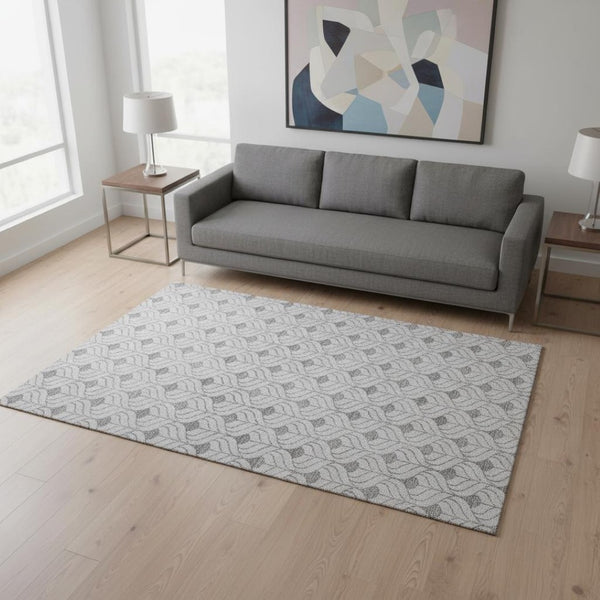 HomeRoots 5' X 8' Silver and Ivory Geometric Area Rug - Washable, UV Protected, Perfect for Kids & Pets! 673749