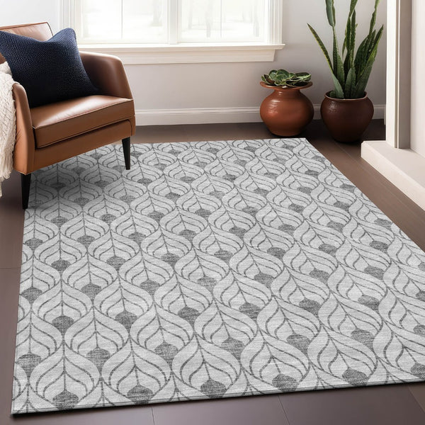 HomeRoots 5' X 8' Silver and Ivory Geometric Area Rug - Washable, UV Protected, Perfect for Kids & Pets! 673749