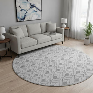 HomeRoots 8' Silver and Ivory Geometric Washable Round Rug - Durable, UV Protected, Perfect for Modern Spaces 673750