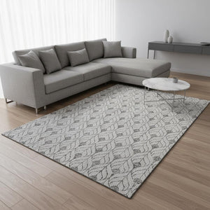 HomeRoots 9' X 12' Silver and Ivory Geometric Washable Area Rug – Durable, UV-Protected, Stain-Resistant Design 673752