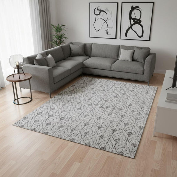 HomeRoots 10' X 14' Silver and Ivory Geometric Area Rug – Stylish, Washable Design with UV Protection for Homes 673753