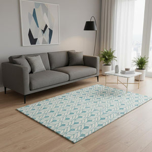 HomeRoots 5' X 8' Teal and Ivory Geometric Area Rug - Durable, Stain Resistant, UV Protected for Modern Living 673755