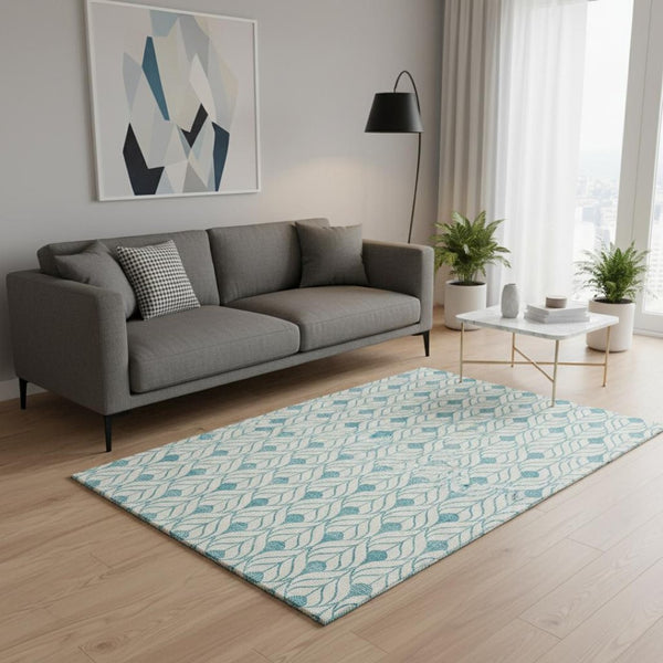 HomeRoots 5' X 8' Teal and Ivory Geometric Area Rug - Durable, Stain Resistant, UV Protected for Modern Living 673755