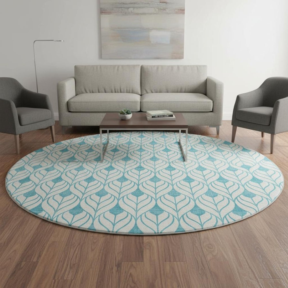 HomeRoots 8' Teal and Ivory Geometric Round Rug - Washable, UV-Protected, Perfect for High-Traffic Areas! 673756