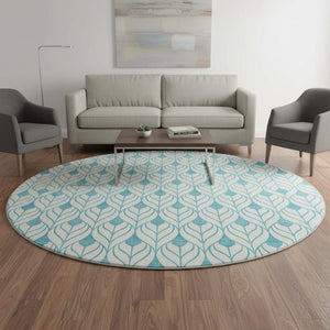 HomeRoots 8' Teal and Ivory Geometric Round Rug - Washable, UV-Protected, Perfect for High-Traffic Areas! 673756
