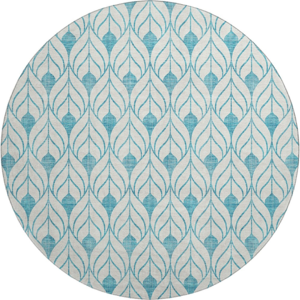 HomeRoots 8' Teal and Ivory Geometric Round Rug - Washable, UV-Protected, Perfect for High-Traffic Areas! 673756
