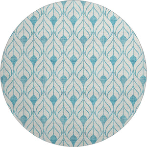 HomeRoots 8' Teal and Ivory Geometric Round Rug - Washable, UV-Protected, Perfect for High-Traffic Areas! 673756