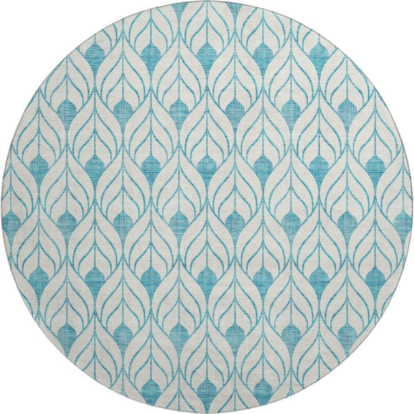 HomeRoots 8' Teal and Ivory Geometric Round Rug - Washable, UV-Protected, Perfect for High-Traffic Areas! 673756