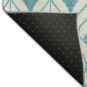 HomeRoots 8' Teal and Ivory Geometric Round Rug - Washable, UV-Protected, Perfect for High-Traffic Areas! 673756