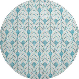HomeRoots 8' Teal and Ivory Geometric Round Rug - Washable, UV-Protected, Perfect for High-Traffic Areas! 673756
