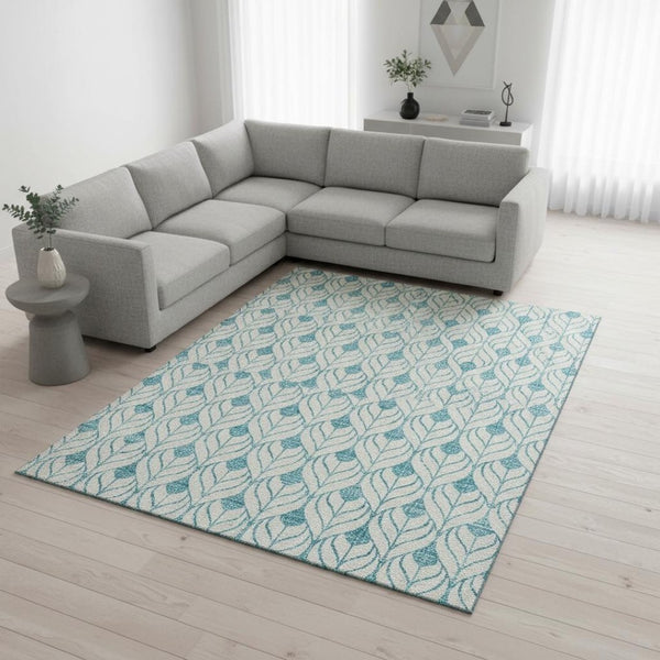 HomeRoots 8' X 10' Teal and Ivory Geometric Washable Area Rug – Durable, Stain Resistant, UV Protected Design 673757